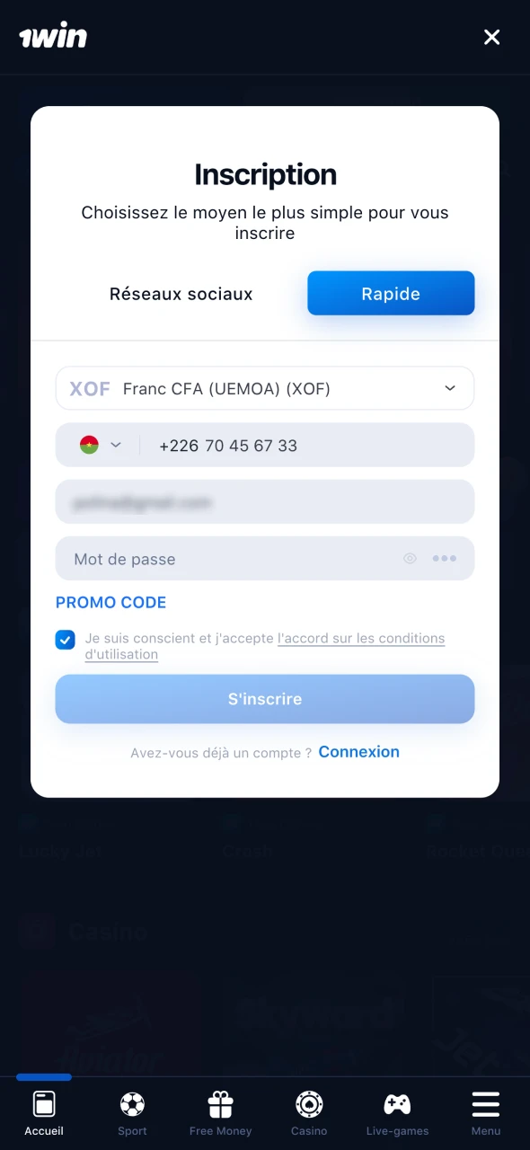 S'inscrire sur le site Internet de 1Win.