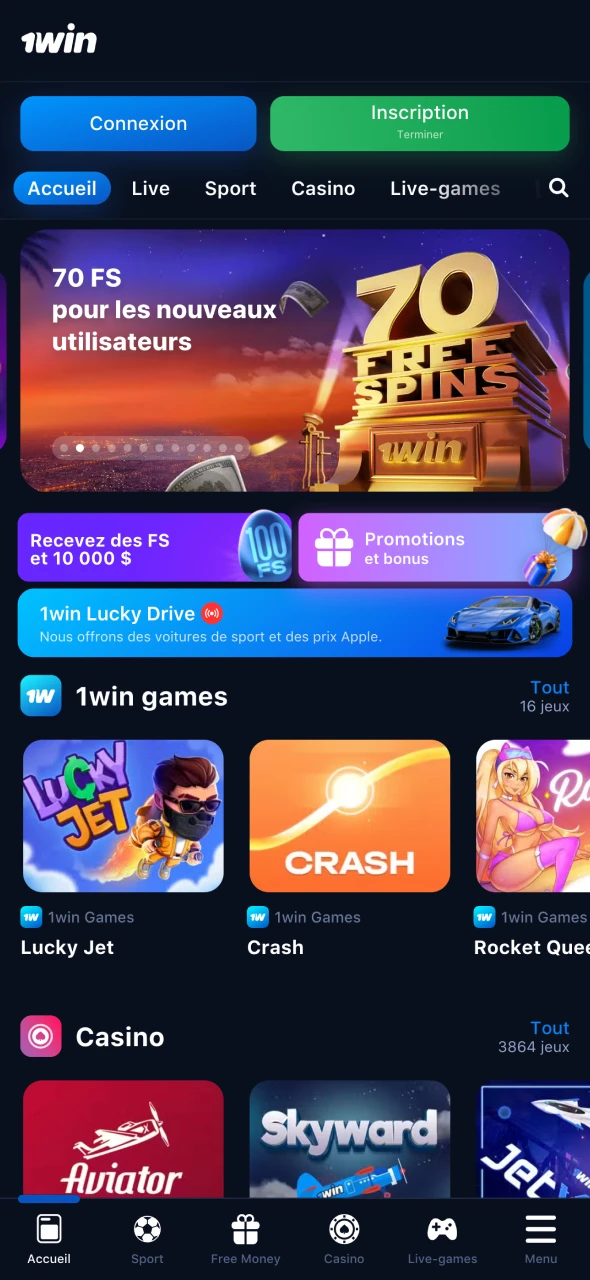 Visitez la page principale de la plateforme officielle de 1Win.