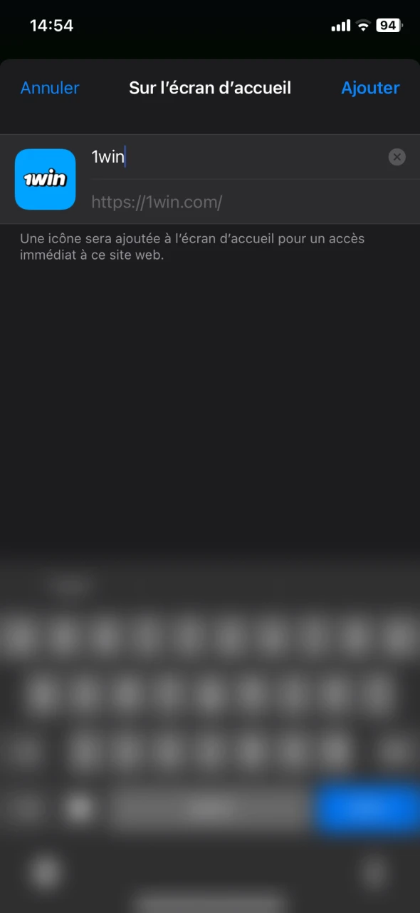 Ajoutez l'application 1Win à votre écran d'accueil.