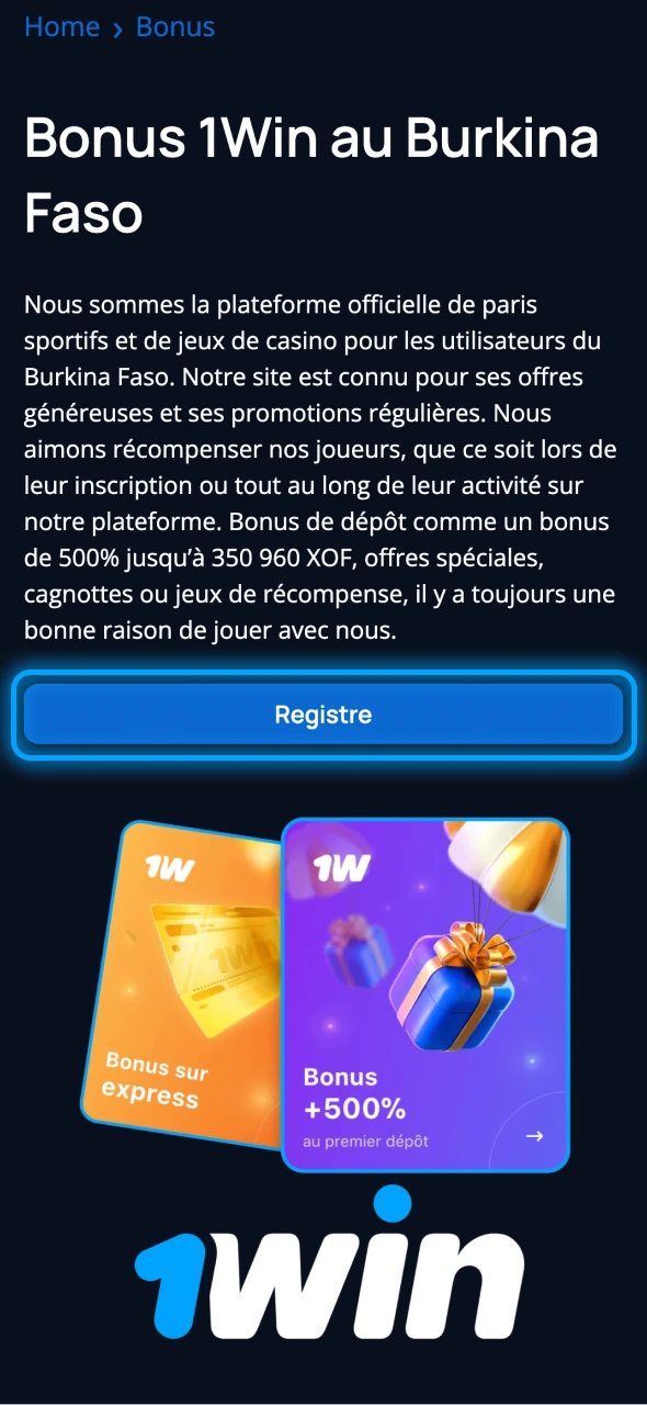 Cliquez sur le bouton d'inscription sur la page de 1Win.