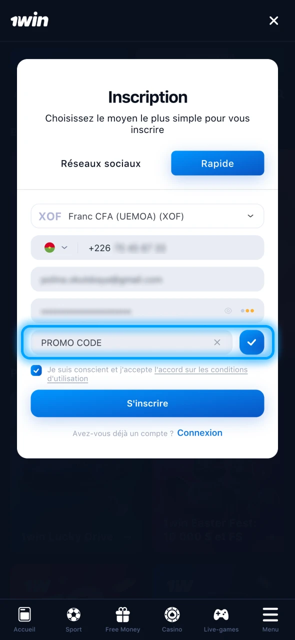 Saisissez le code promo spécial 1Win.