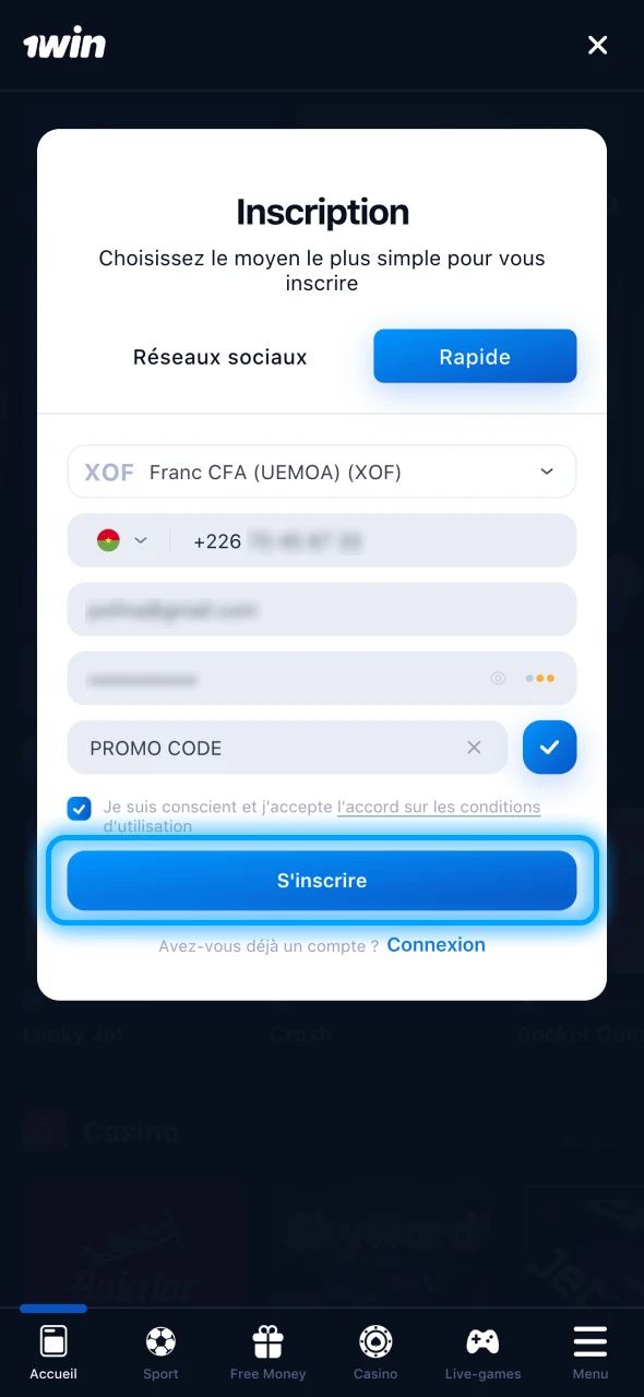 Cliquez sur le bouton enregistrer pour terminer l'inscription à 1Win.
