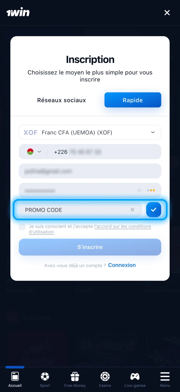 Utilisez le code promo de 1Win pour activer le bonus de bienvenue.