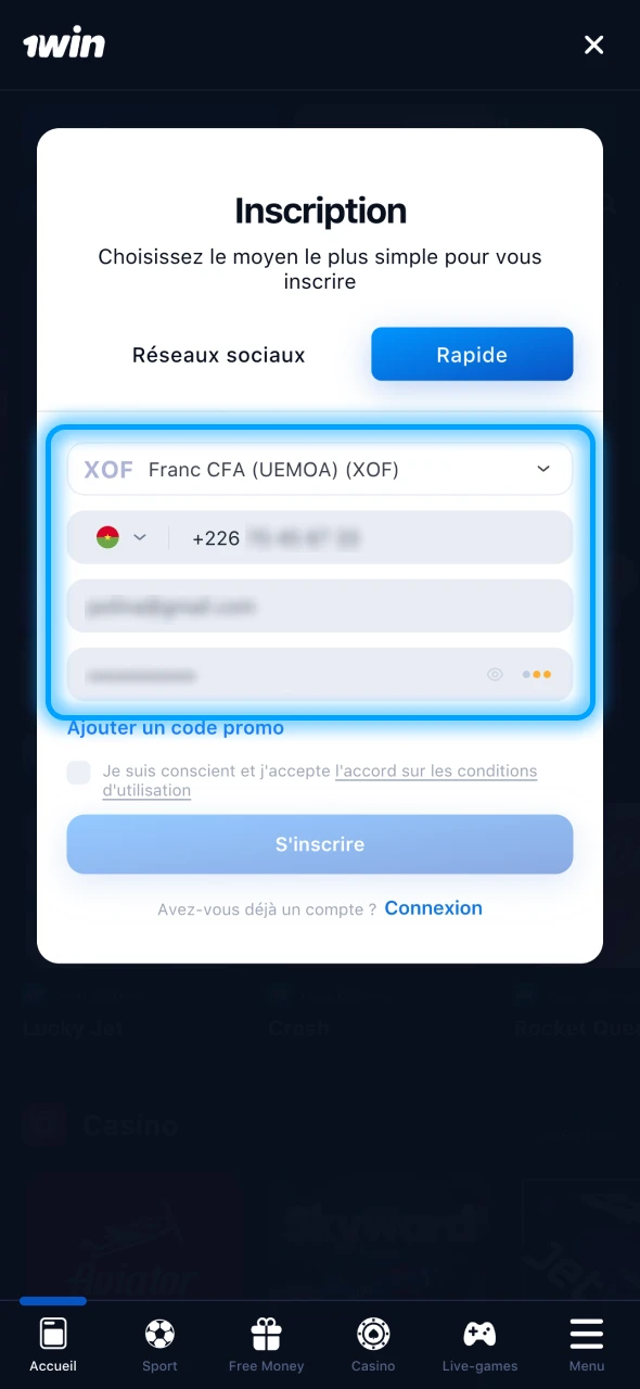 Saisissez vos données personnelles pour vous inscrire à 1Win.