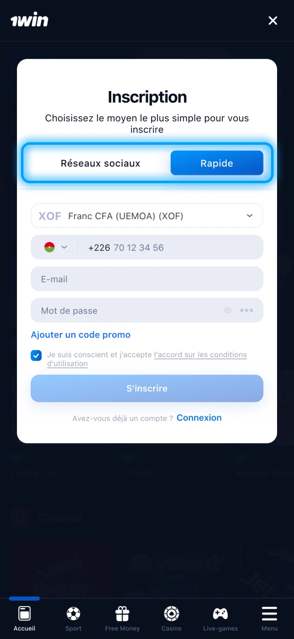 Sélectionnez une méthode d'inscription à 1Win.