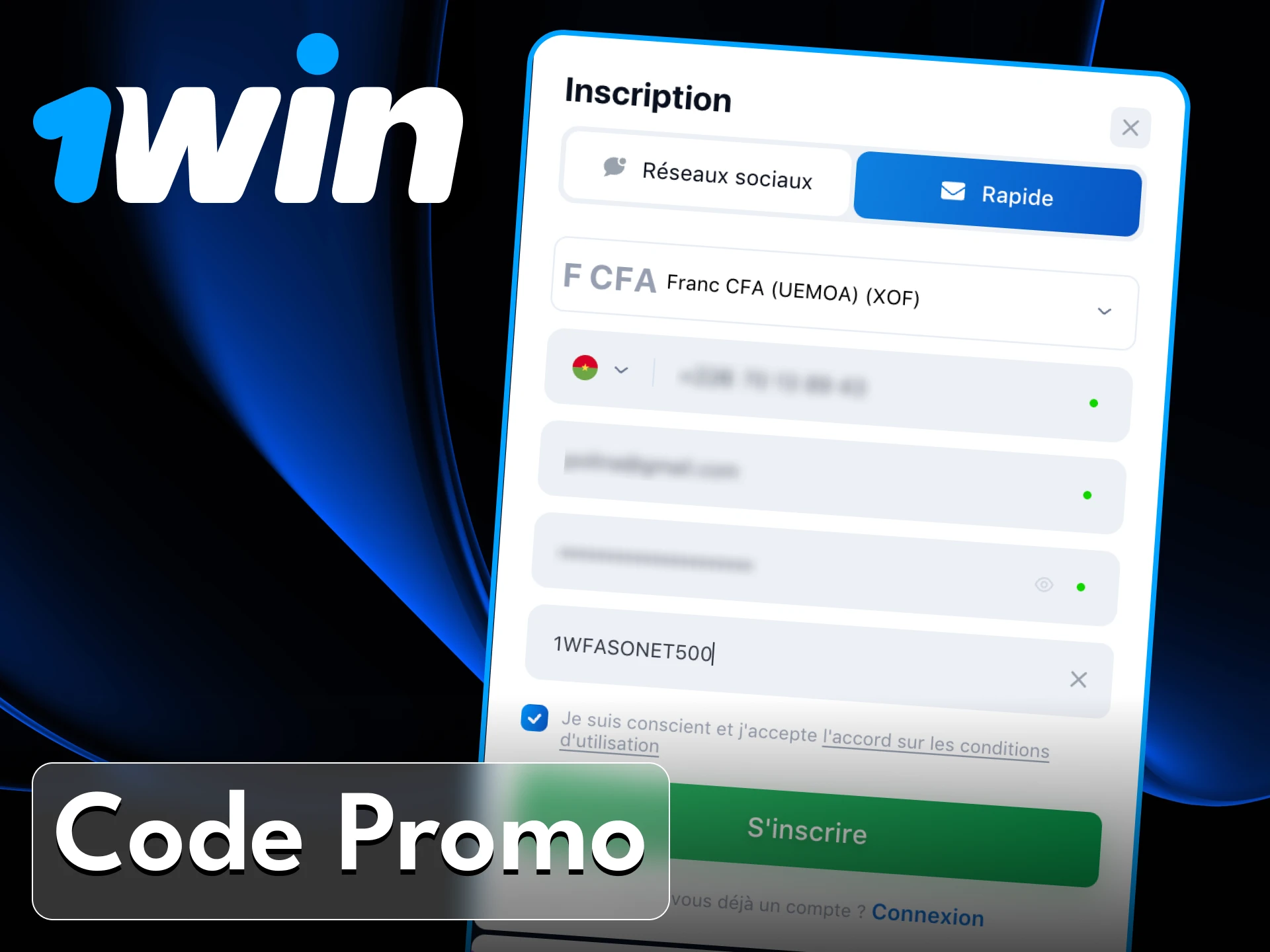 Utilisez un code promo spécial lors de votre inscription chez 1Win.