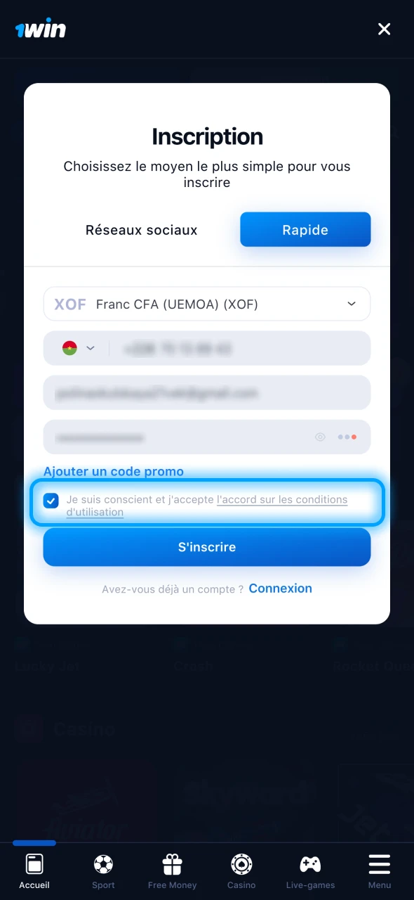 Accepter les règles de la plateforme 1Win.