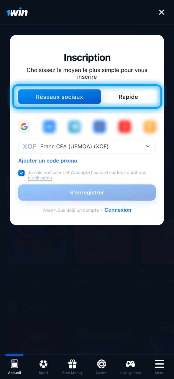 Choisissez une méthode d'inscription à 1Win.