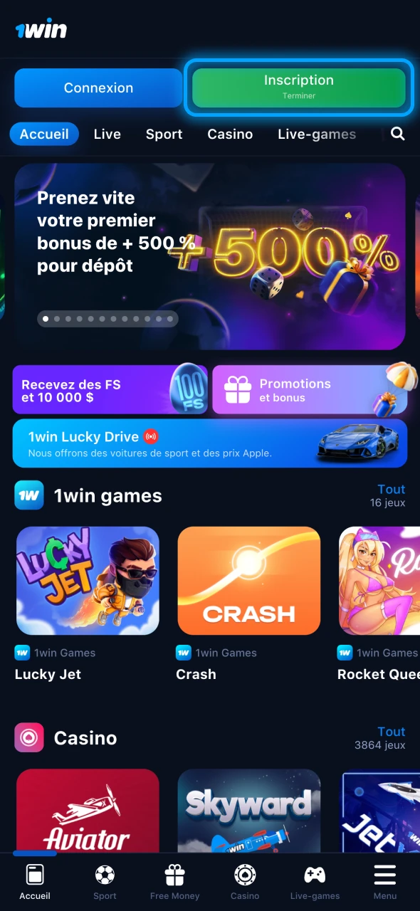 Cliquez sur le bouton d'inscription sur le site web de 1Win.