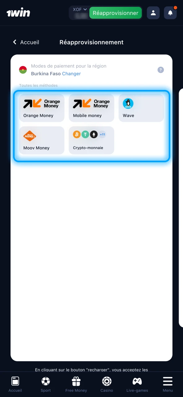 Choisissez une méthode de paiement sur le site de 1Win.