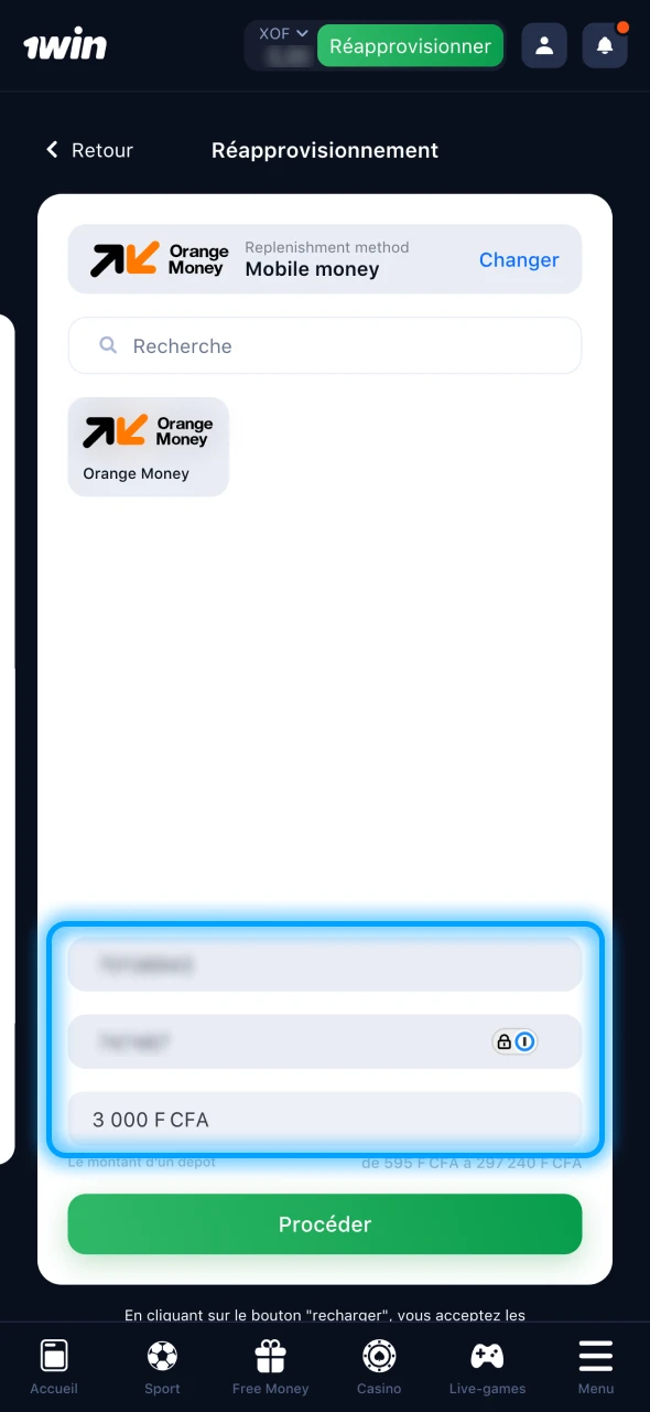 Saisissez le montant du dépôt sur la plateforme 1Win.