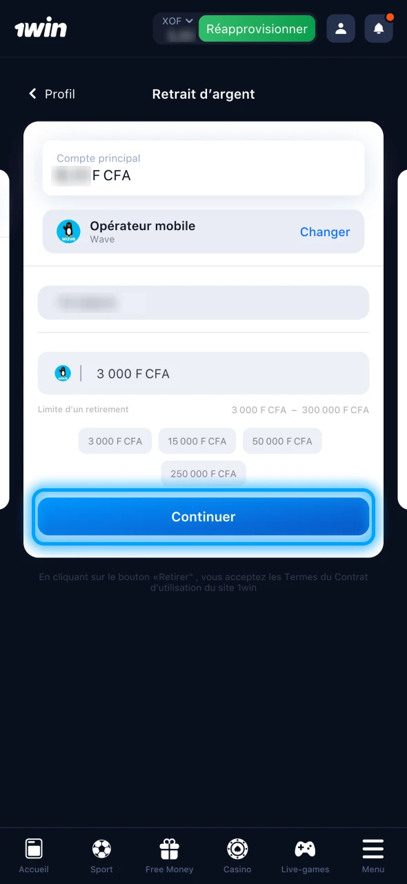 Confirmez et attendez votre paiement reçu de 1Win.