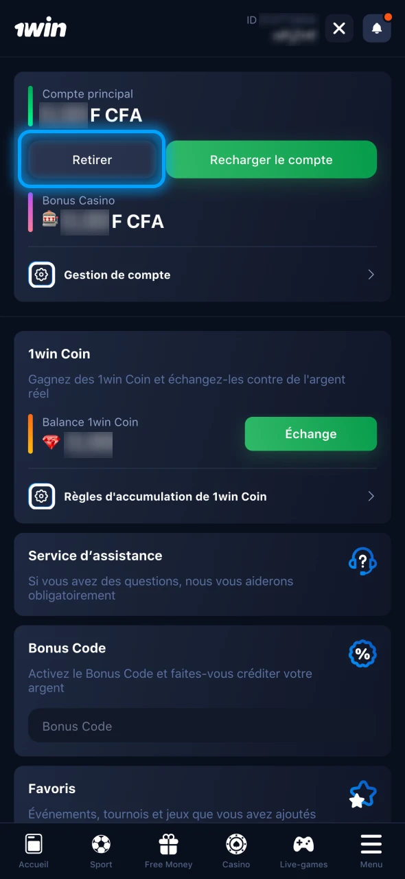 Ouvrez le menu de retrait sur le site officiel de 1Win.