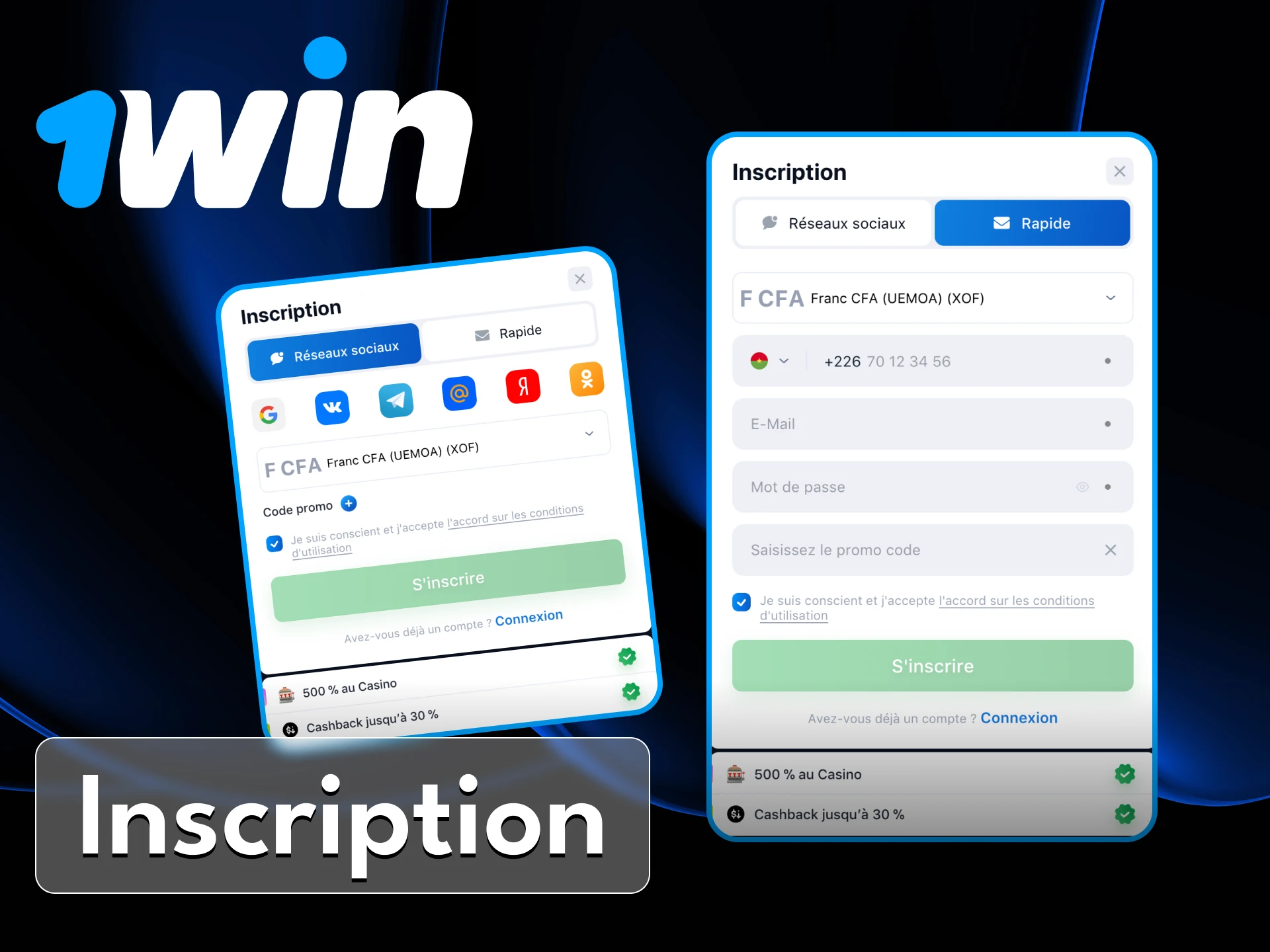 Inscrivez-vous au casino en ligne 1Win sur votre téléphone et obtenez votre bonus de bienvenue.
