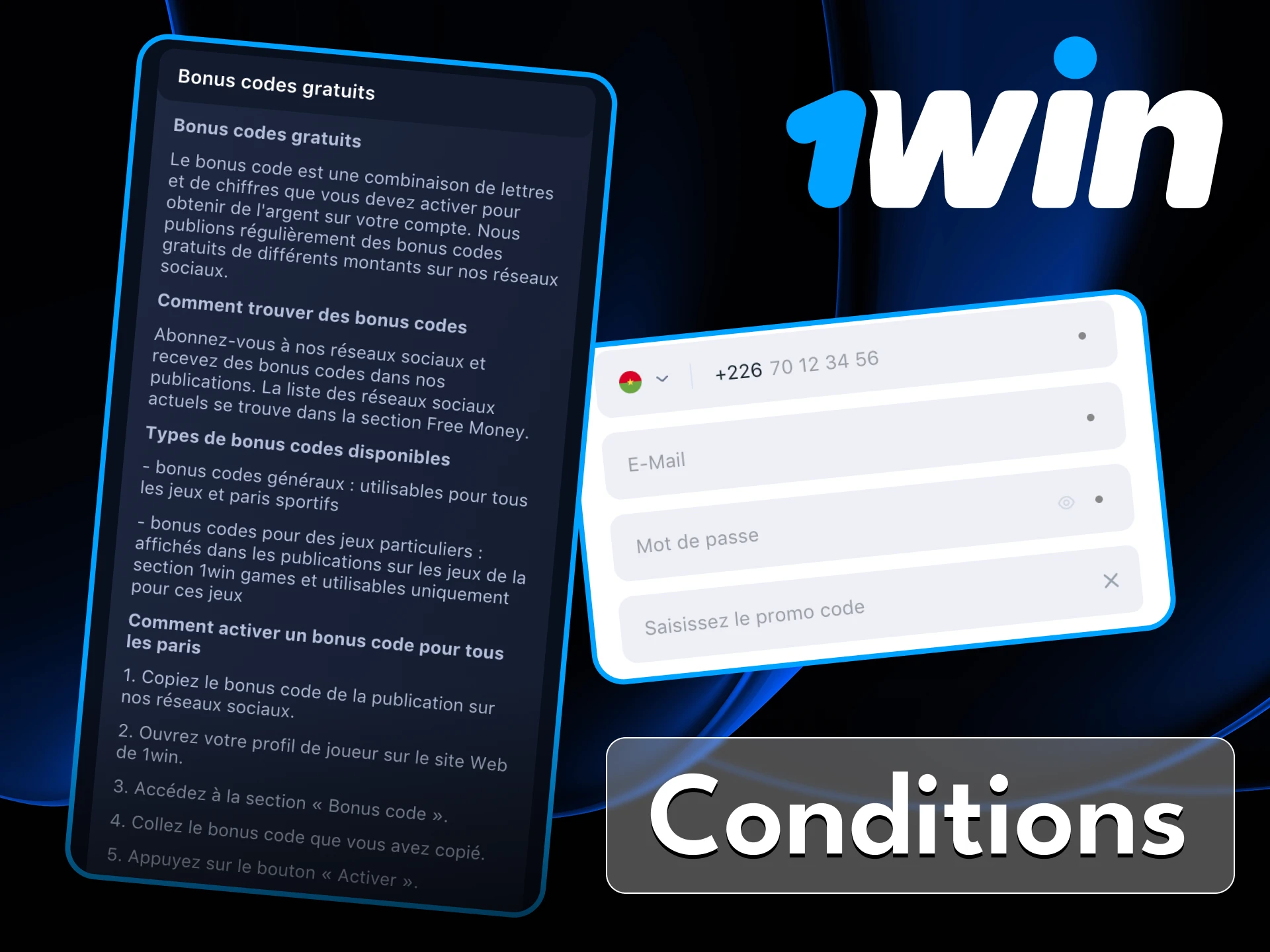 Lisez les conditions d'utilisation du code promotionnel dans le casino en ligne 1Win.