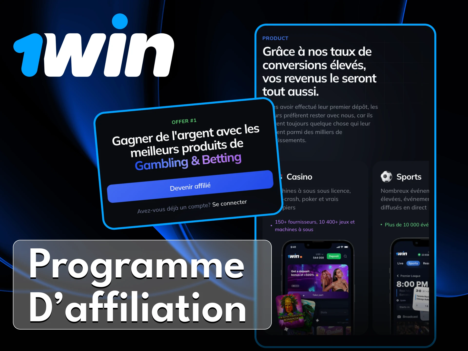 Partagez votre lien d'affiliation de casino en ligne 1Win et gagnez de l'argent.