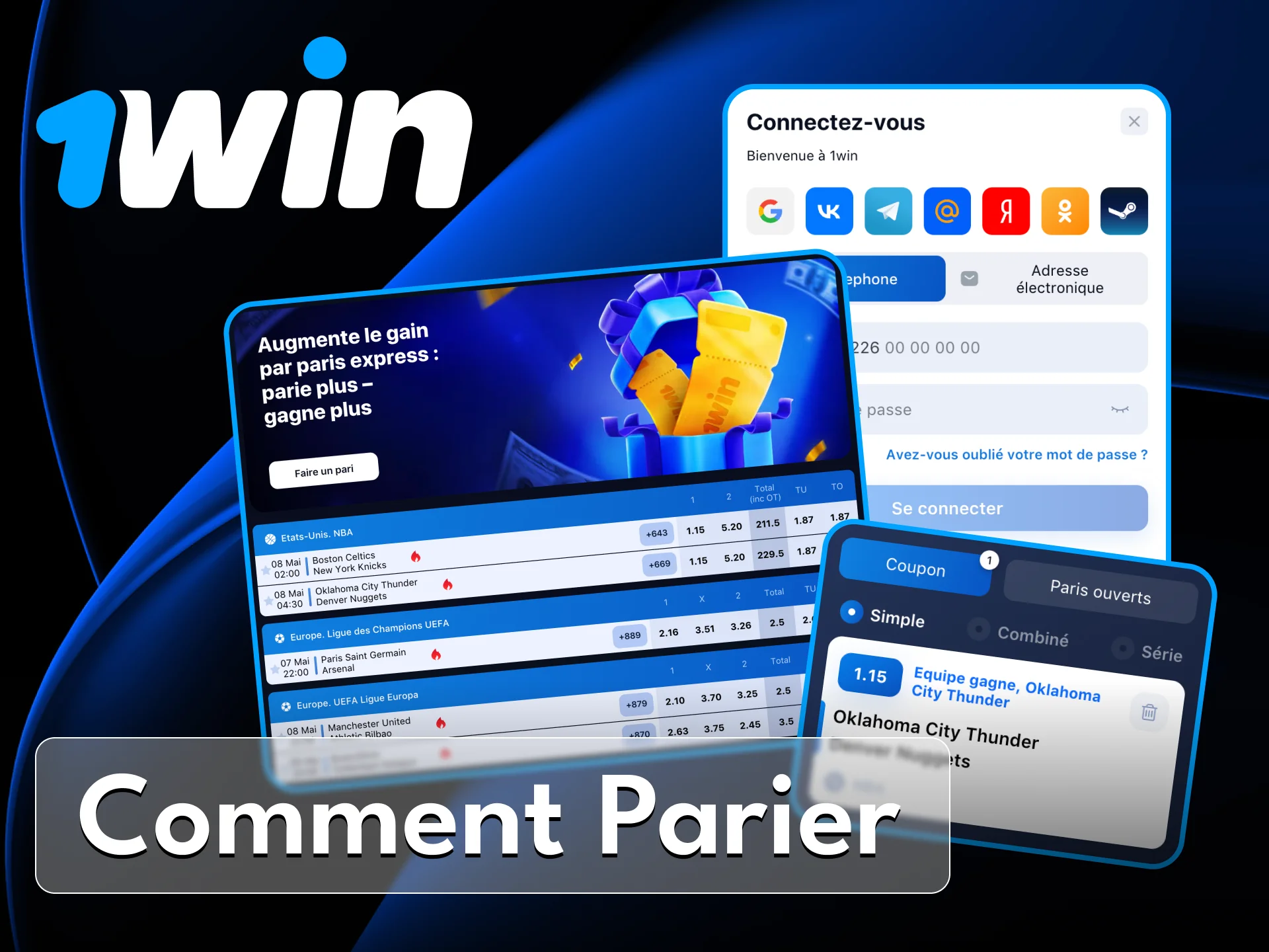 Nous avons préparé pour vous une courte instruction étape par étape sur la façon de placer des paris sportifs dans le casino en ligne 1win.