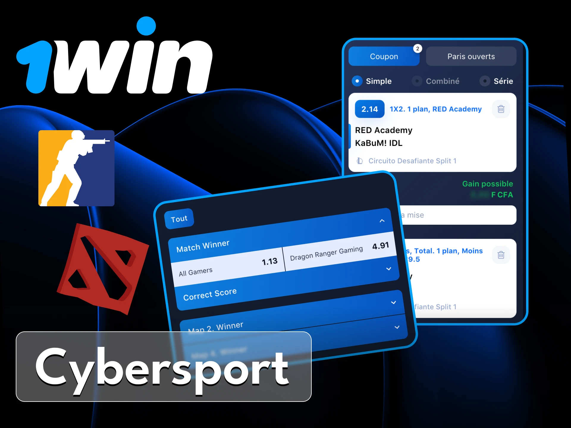 Placez des paris sur des types d'eSports tels que Dota2, CS2 et autres dans le casino en ligne 1win.
