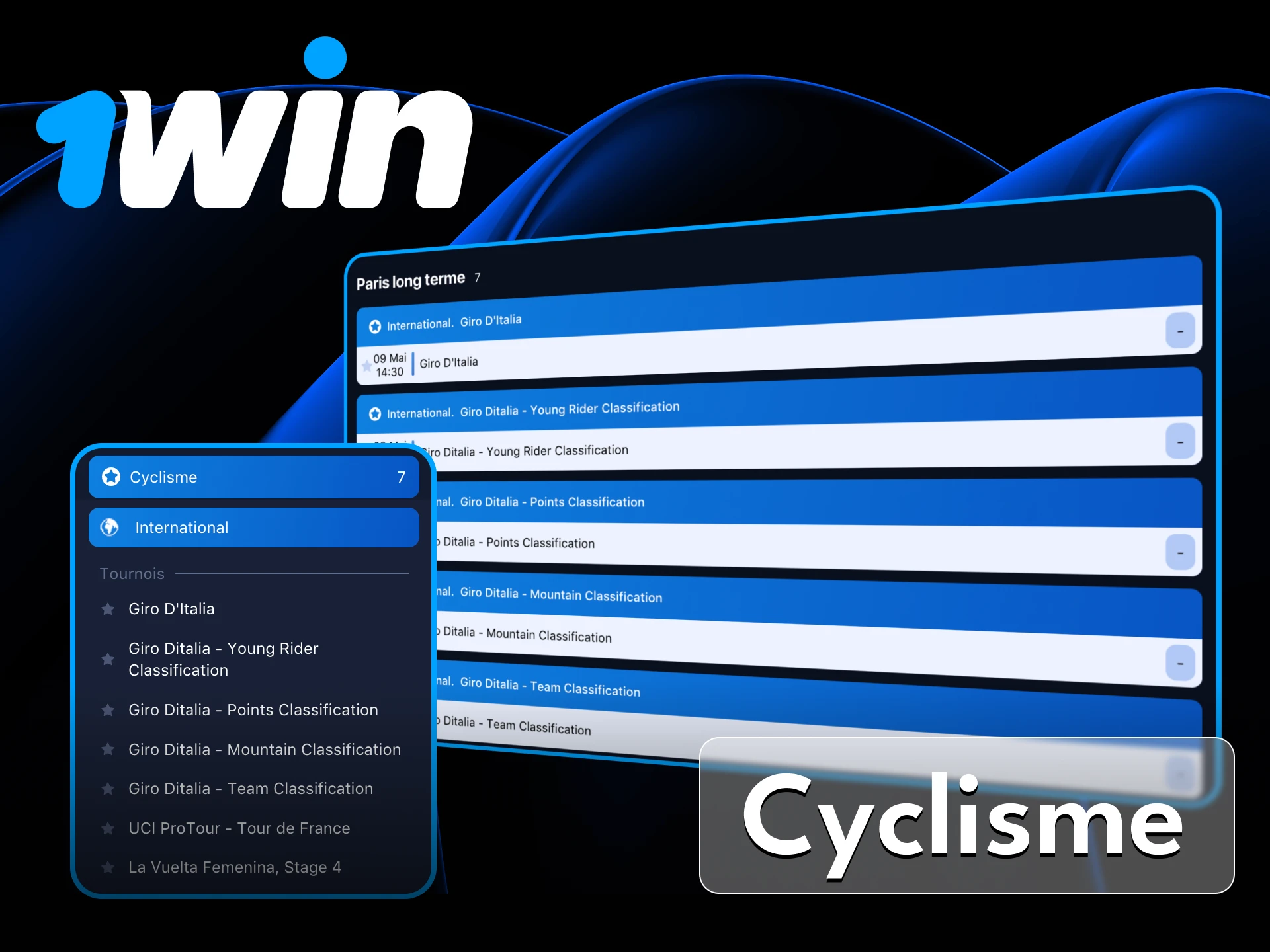 Au casino en ligne 1win vous pouvez parier sur le cyclisme.