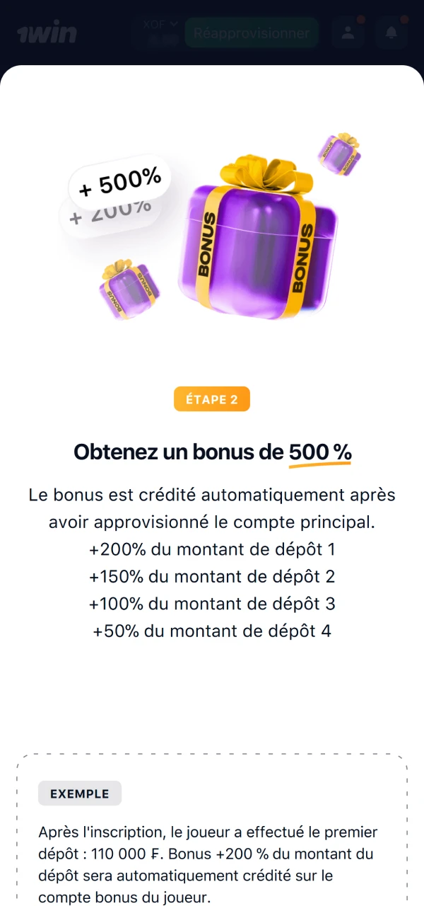 Recevez un bonus de bienvenue de 200 % après votre premier dépôt sur 1Win.