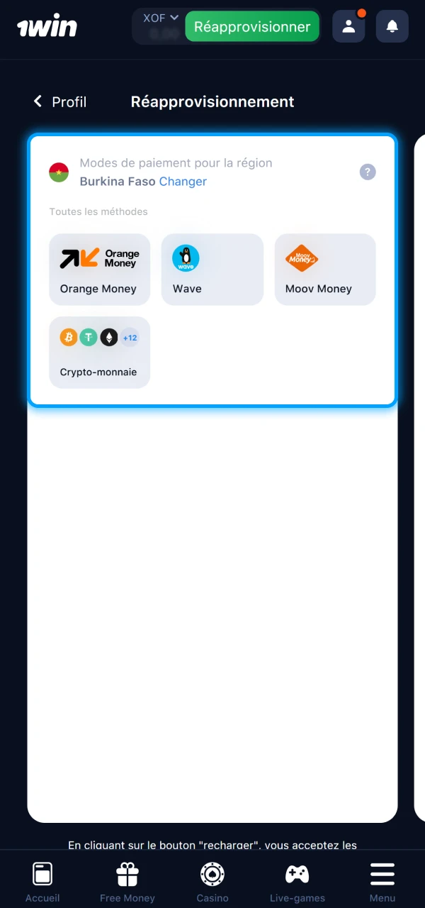 Effectuez un dépôt rapide sur 1Win via des méthodes locales comme Moov ou Orange Money.
