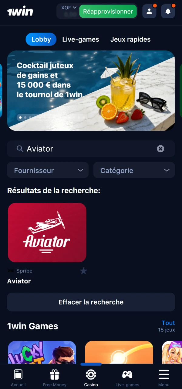 Recherchez et ouvrez le jeu Aviator dans la section casino de 1Win.
