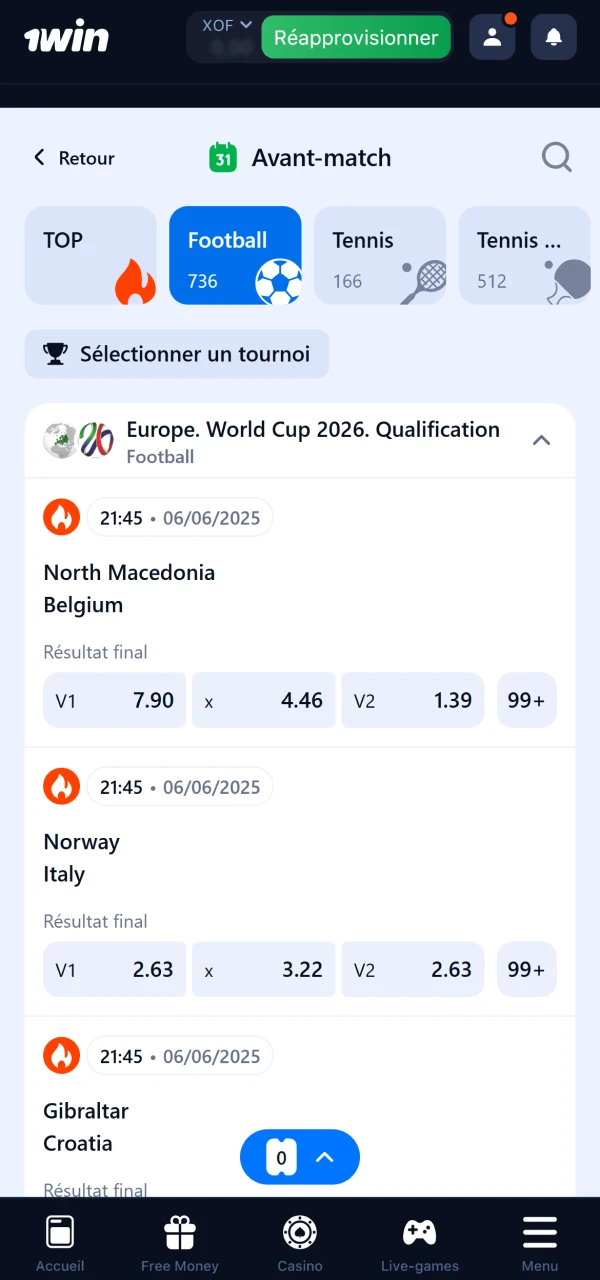 Accédez à la section football du site officiel 1Win pour voir tous les matchs.
