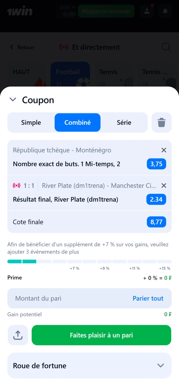 Entrez votre mise et validez votre pari sur la plateforme 1Win.
