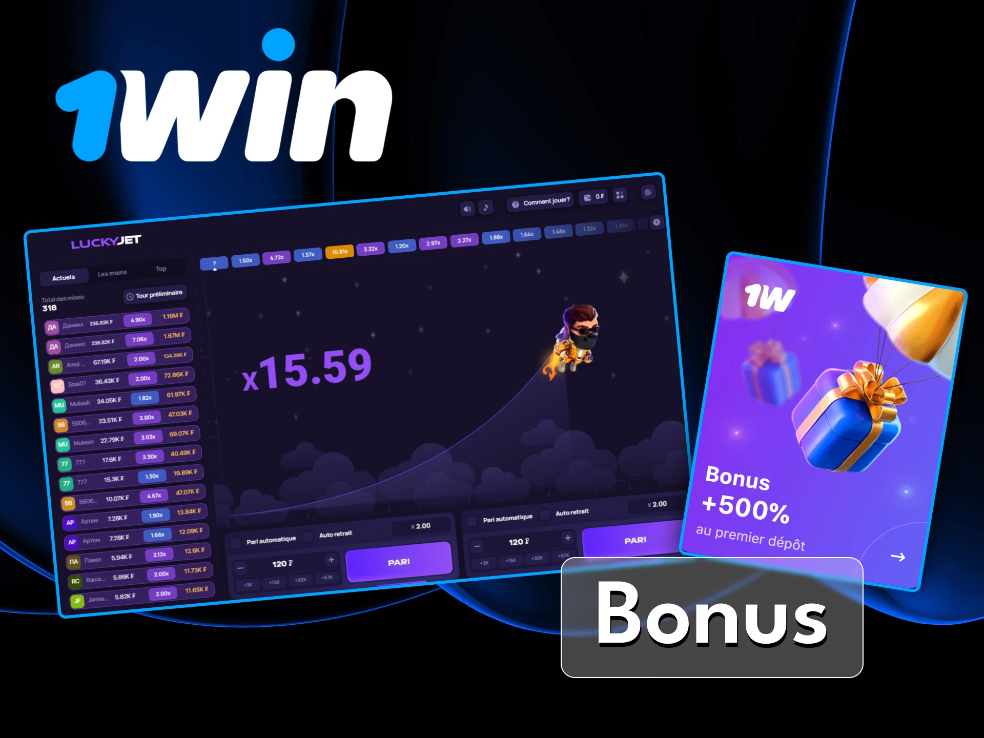 Recevez un bonus de bienvenue jusqu’à 361520 XOF sur le site officiel 1Win pour jouer à Lucky Jet.