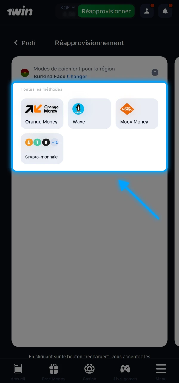Déposez de l’argent sur votre compte 1Win via Moov Money ou d’autres méthodes avec un bonus de bienvenue de 200 %.