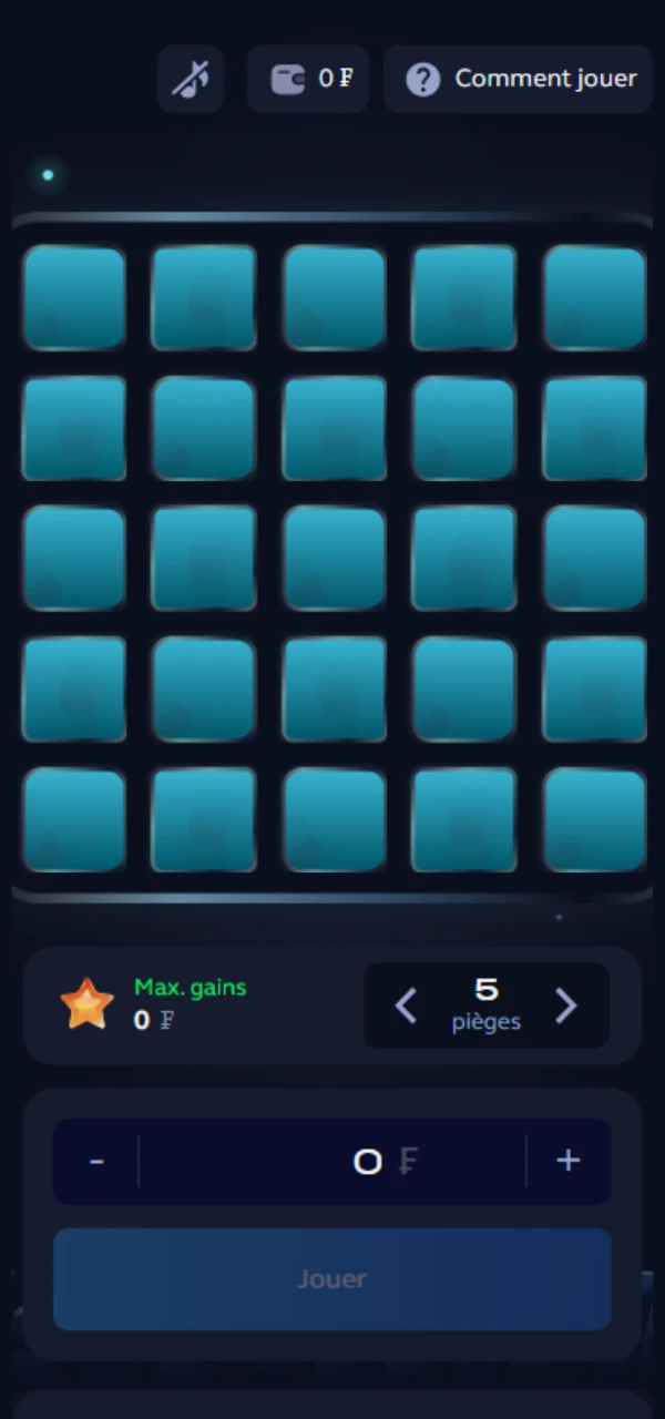 Jouez au jeu Mines sur 1Win en cliquant sur les cases et encaissez vos gains avant de tomber sur une mine.
