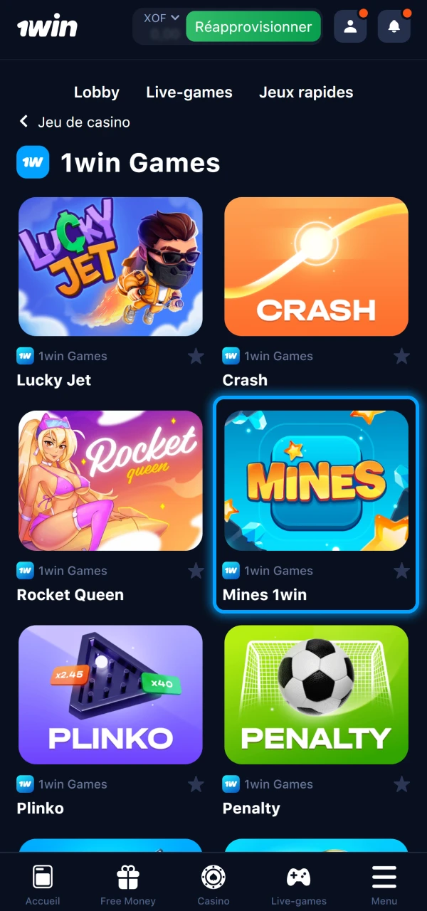 Trouvez et lancez le jeu Mines dans la section Casino sur le site officiel 1Win.