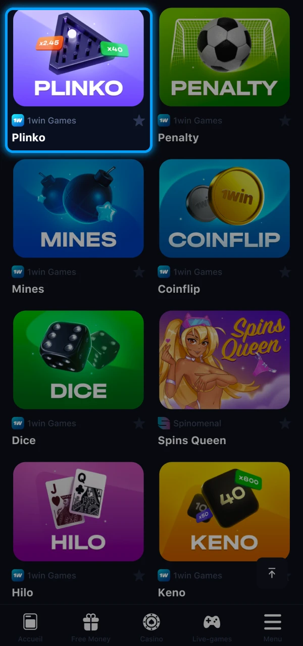 Trouvez le jeu Plinko sur le site officiel 1Win via la barre de recherche ou la section casino.