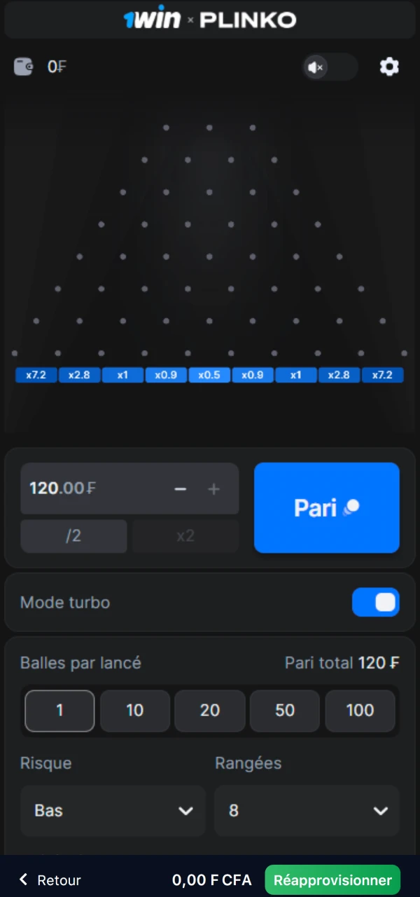 Lancez le jeu Plinko sur 1Win et regardez la bille descendre pour gagner selon le multiplicateur.